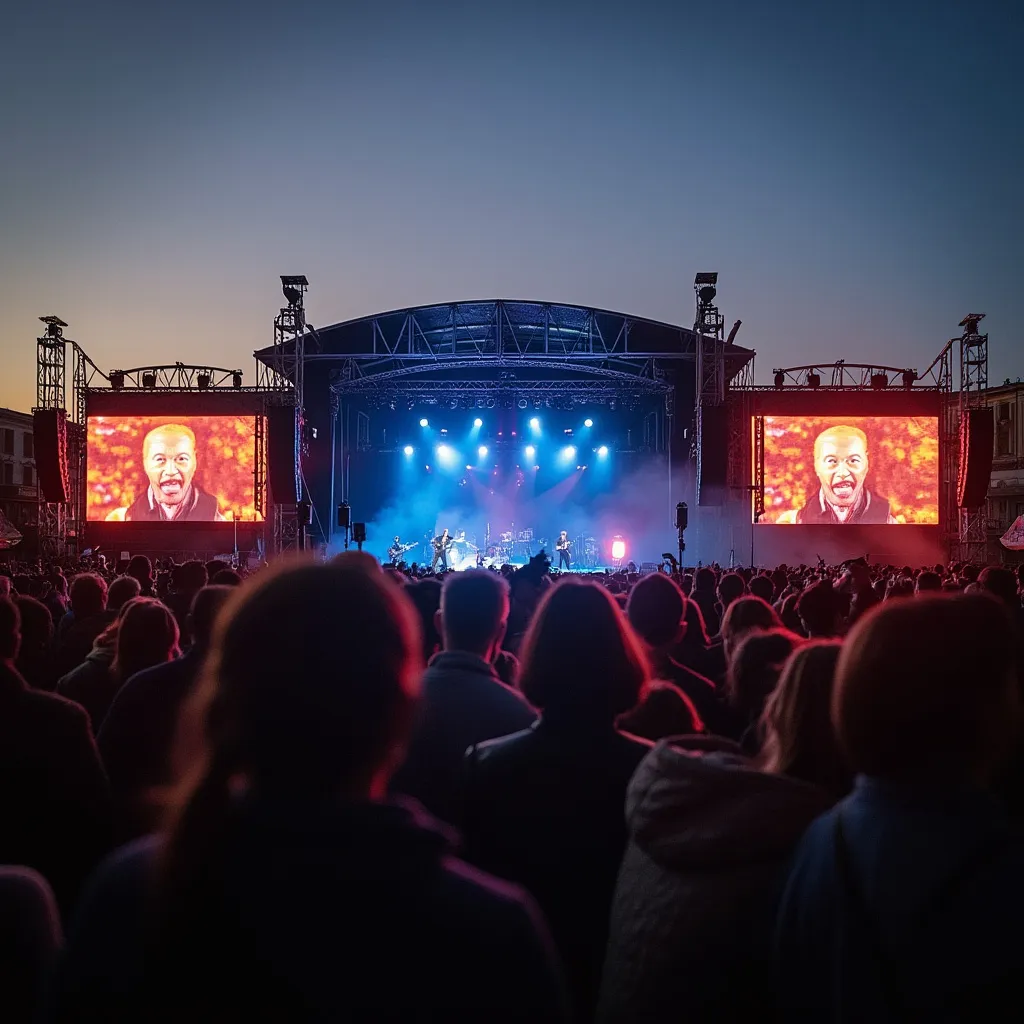 Koncert na vonkajšom pódiu s farebnými svetlami